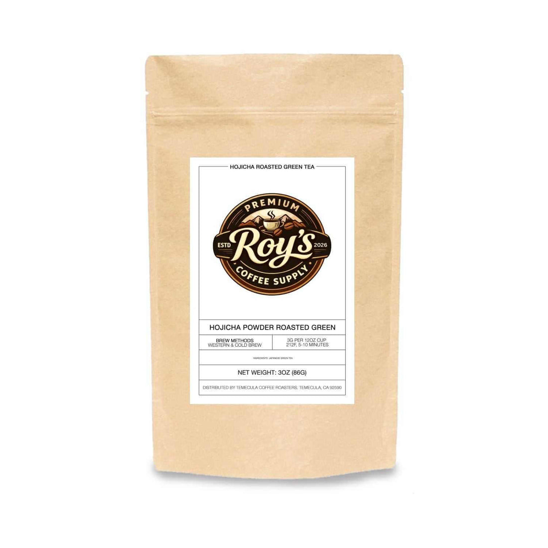 Premium hojicha roasted green tea powder in resealable pouch with low caffeine, smooth nutty flavor and calming tea experience