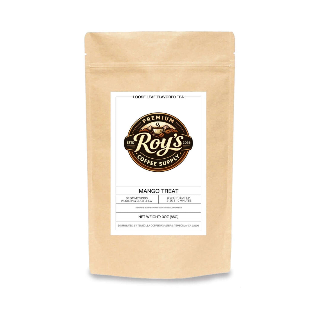 Premium mango herbal tea in resealable pouch with tropical fruit flavor, caffeine free blend and refreshing sweet tea experience
