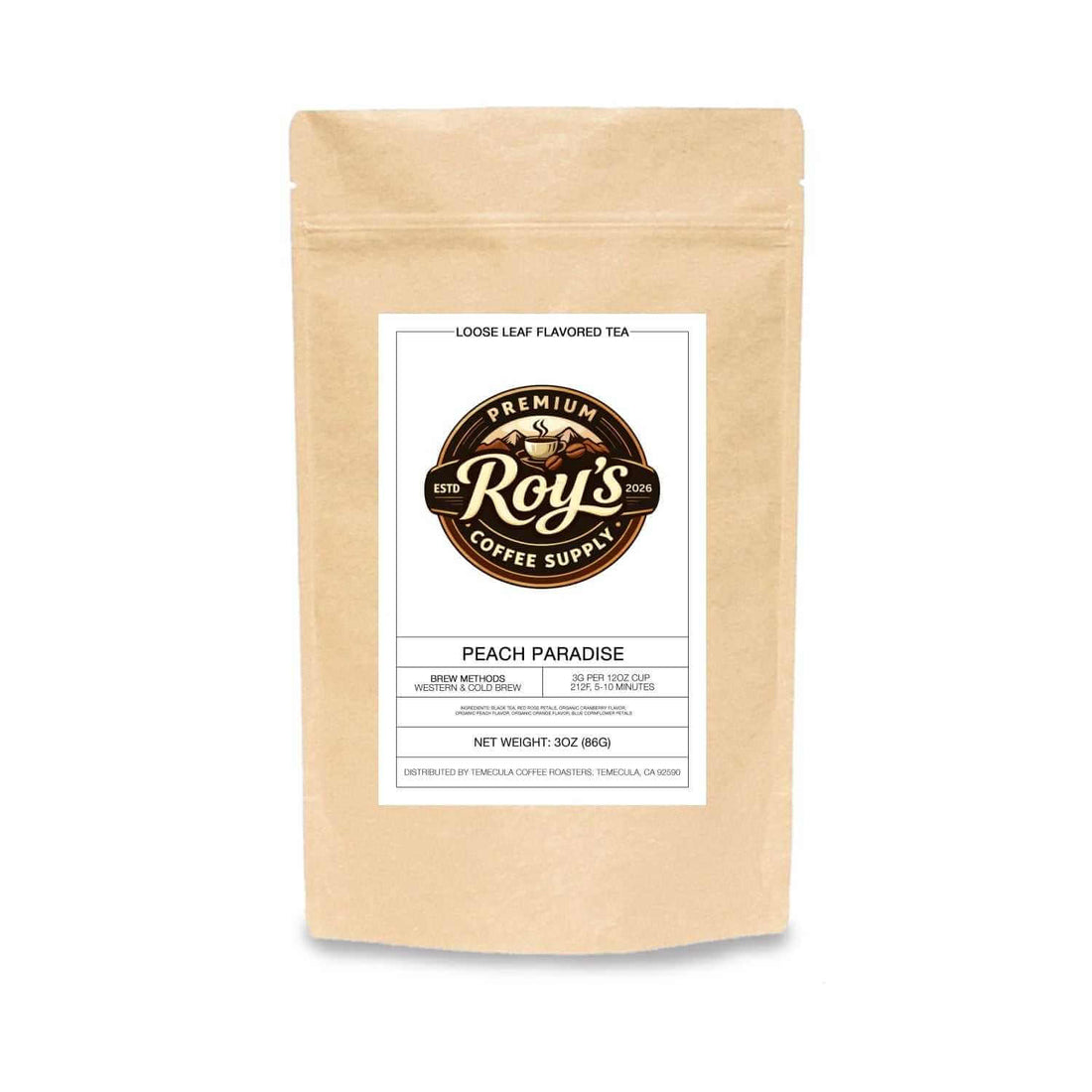 Peach paradise herbal tea in resealable pouch with sweet peach flavor, caffeine free fruit tea blend and refreshing tropical tea experience