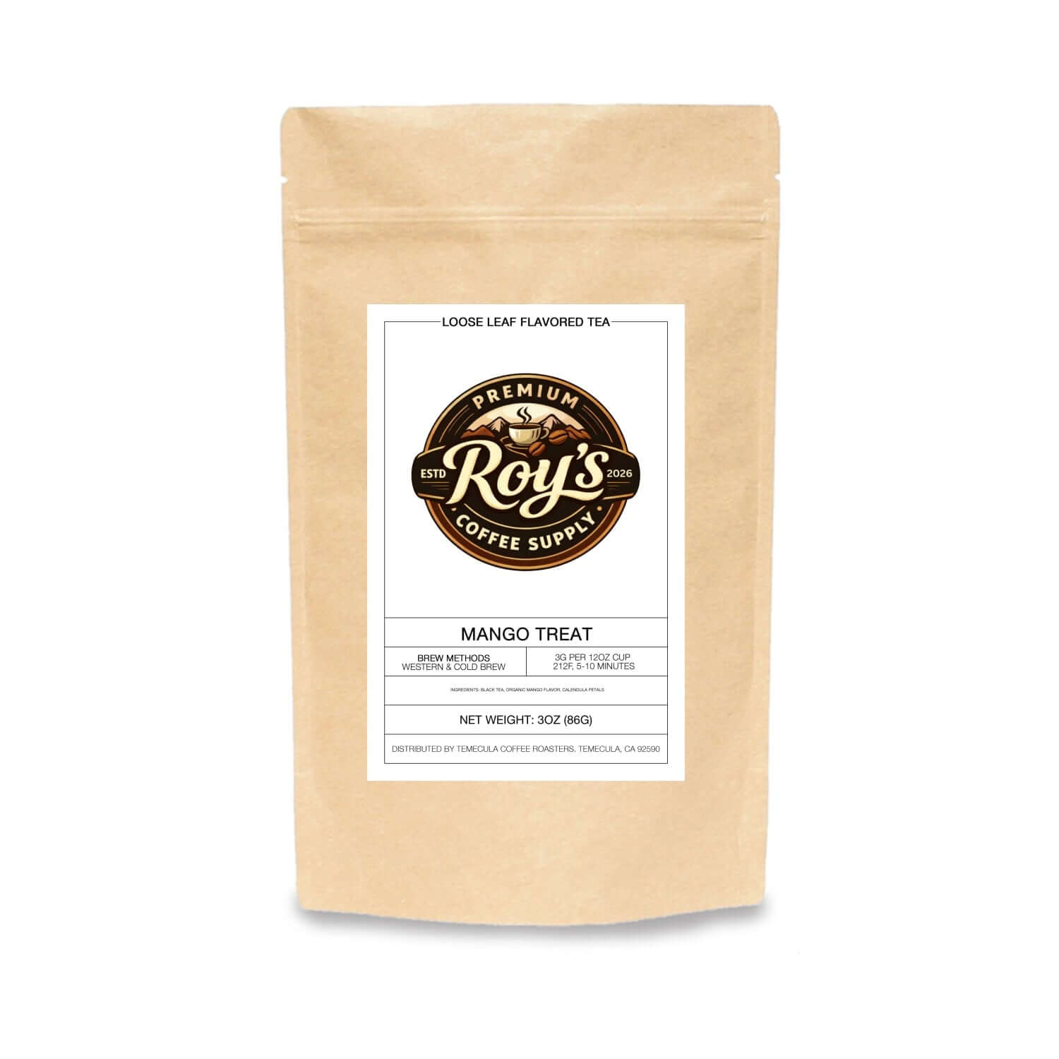 Premium mango herbal tea in resealable pouch with tropical fruit flavor, caffeine free blend and refreshing sweet tea experience